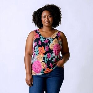 West End Floral Sleeveless Tank Top Black‎ Pink Orange XL